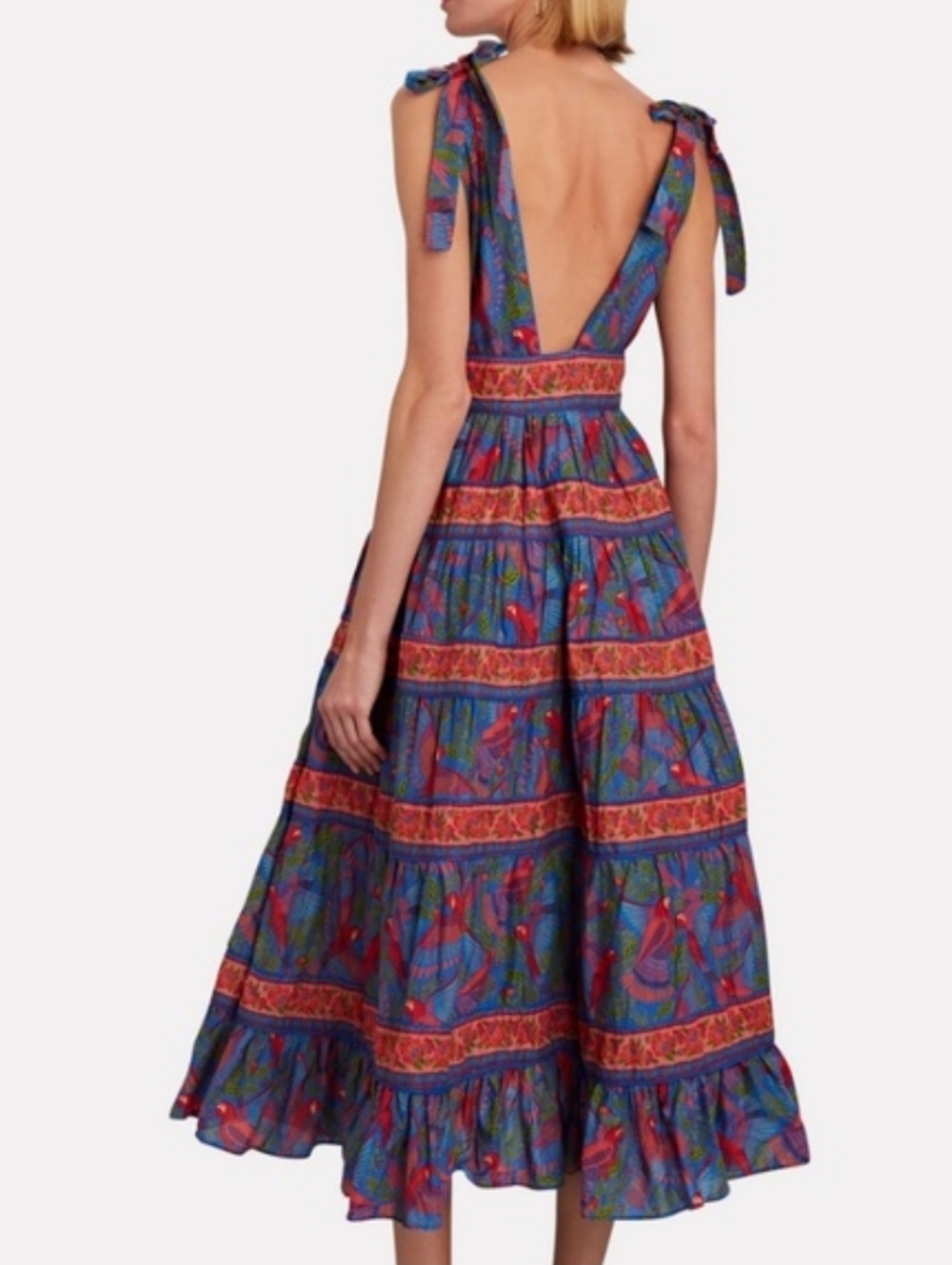 Farm Rio Blue Macaw Tie Shoulder Tiered Midi Dress - Picture 11 of 12